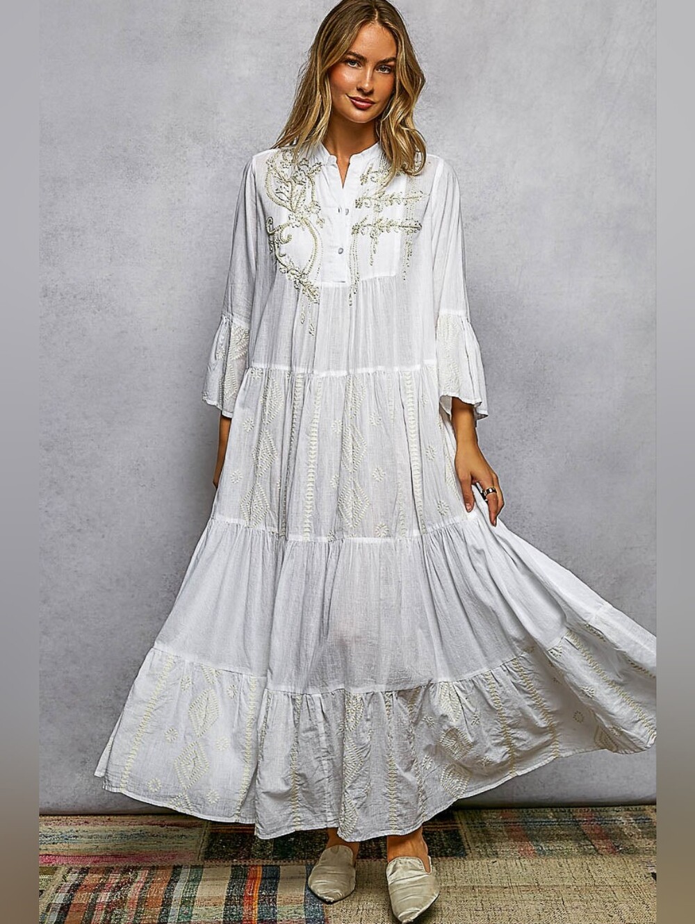 4-0525 POL Cotton Embroidered Beaded Flowy Tiered Maxi Dress
